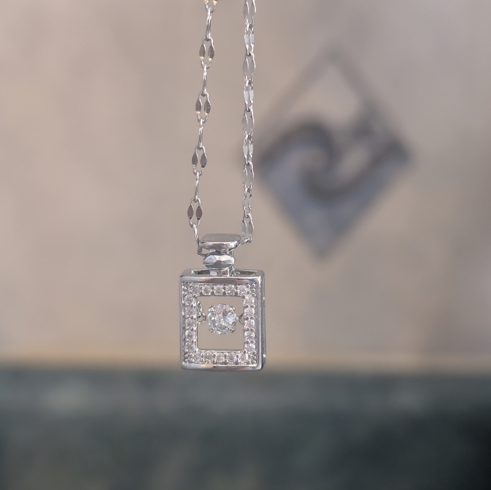 Stainless Steel Perfume Bottle Necklace w/ Dancing Stone Crystal Pendant